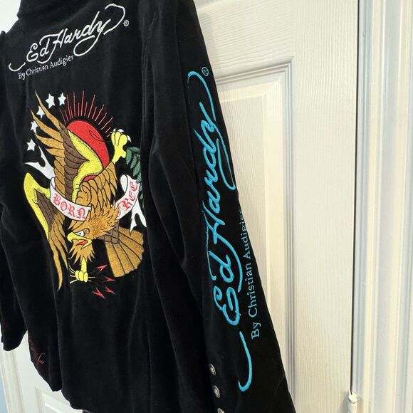 Ed Hardy Christian Audigier Suit Jacket Blazer Black Velvet Embroidered XL - Picture 4 of 7